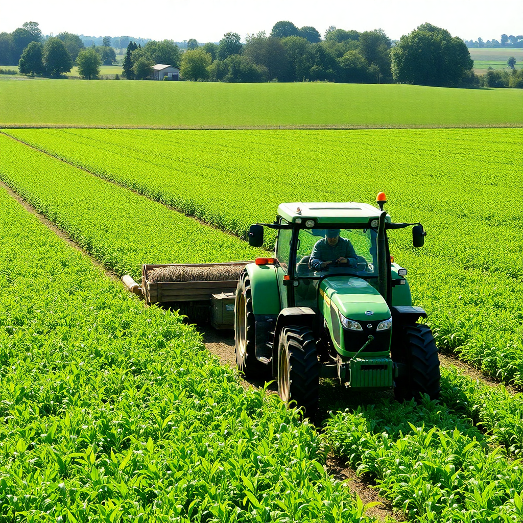 Tractor in a green farm field